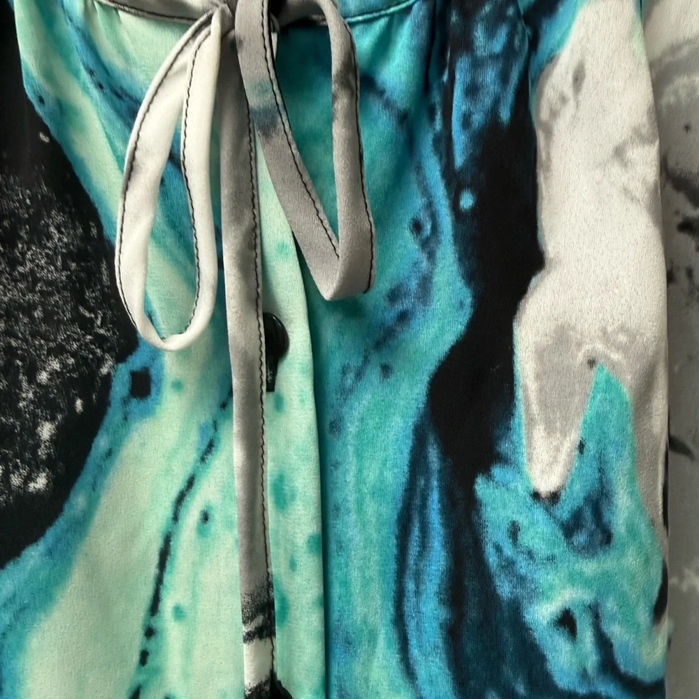Valerie Stevens Teal Gray Abstract Blouse L Tie Neck Career Chic Top - Picture 3 of 9